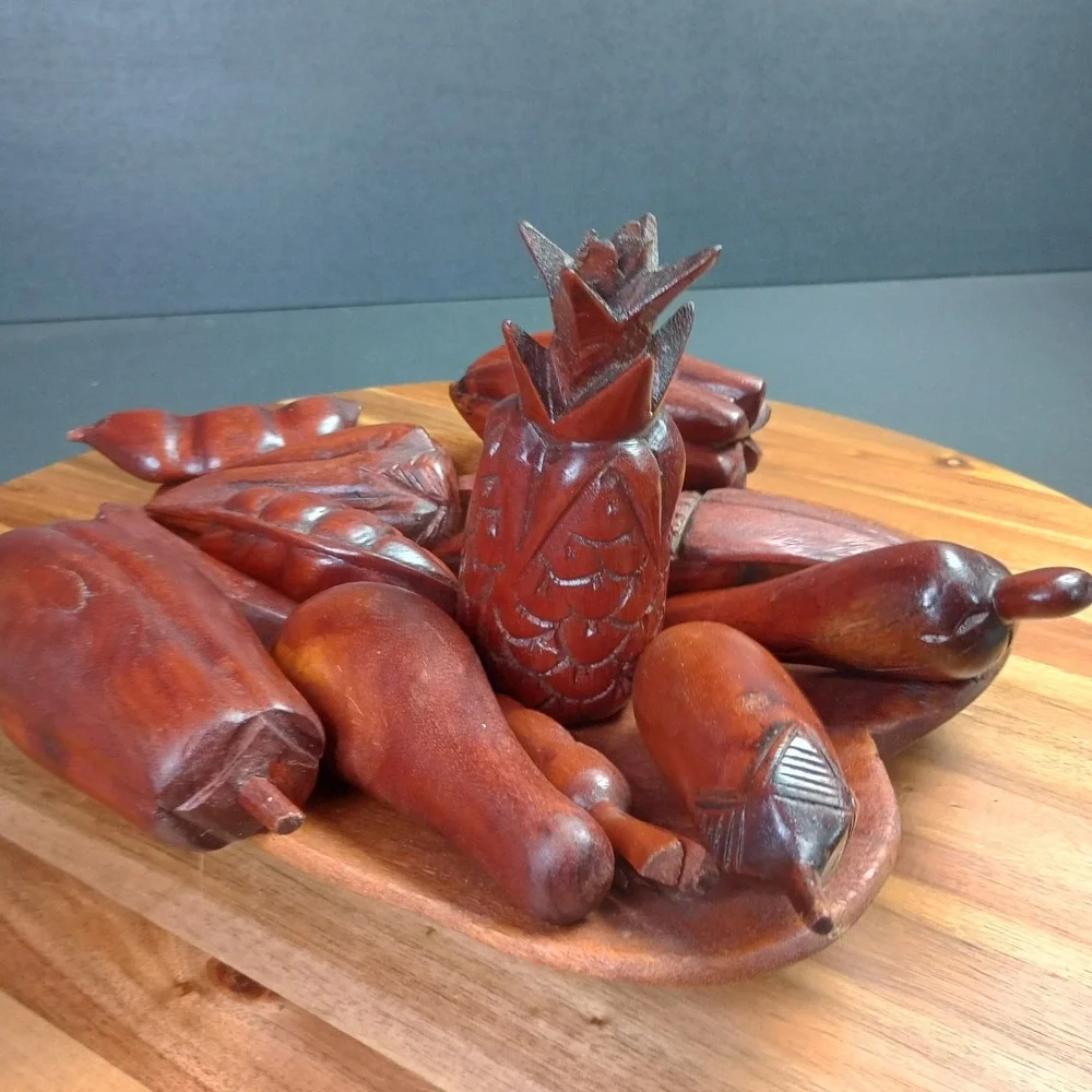 Vintage MCM Wooden Fruit Bowl with 10 pc Wooden Fruit Veggie‎ Decorative Dish